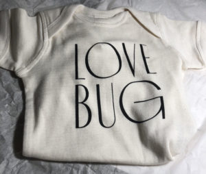 Baby onsie with the word Love Bug
