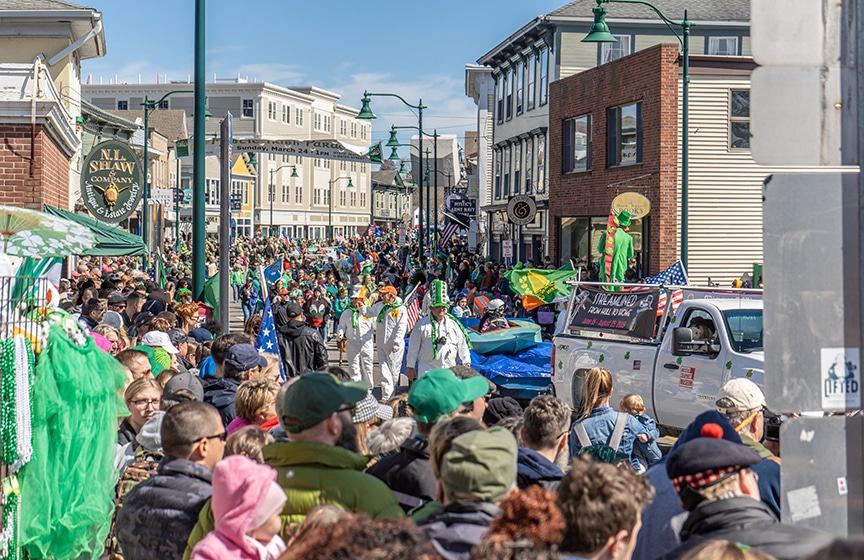 Mystic Irish Parade crowd amongst East Main Street 