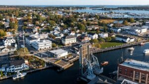 aerial shot of Downtown Mystic highlighting where to walk in Mystic