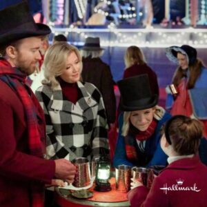 People in Hallmark Movie, Mystic Christmas, at Mystic Seaport Museum in old timey clothes for the lantern light village