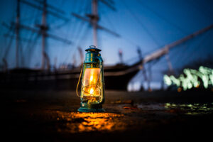 Lantern on Ground in Front of Ship at Mystic Seaport Museum