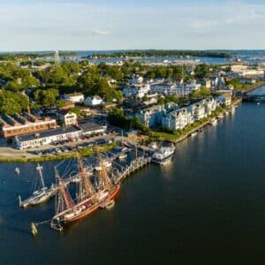 Drone Shot of Mystic Seaport Museum with Whaler's Inn in distance